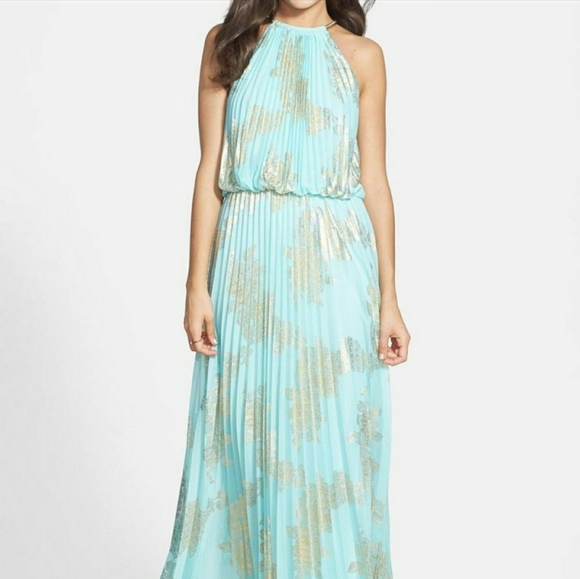 Xscape Dresses & Skirts - Xscape Metallic Pleated Halter Blouson Gown
